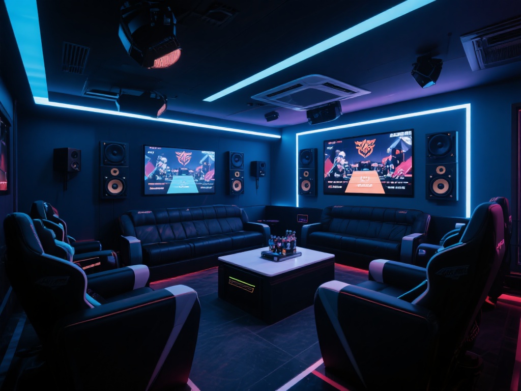 在一个顶级电竞包间中，音效系统和视觉设备是必不可少